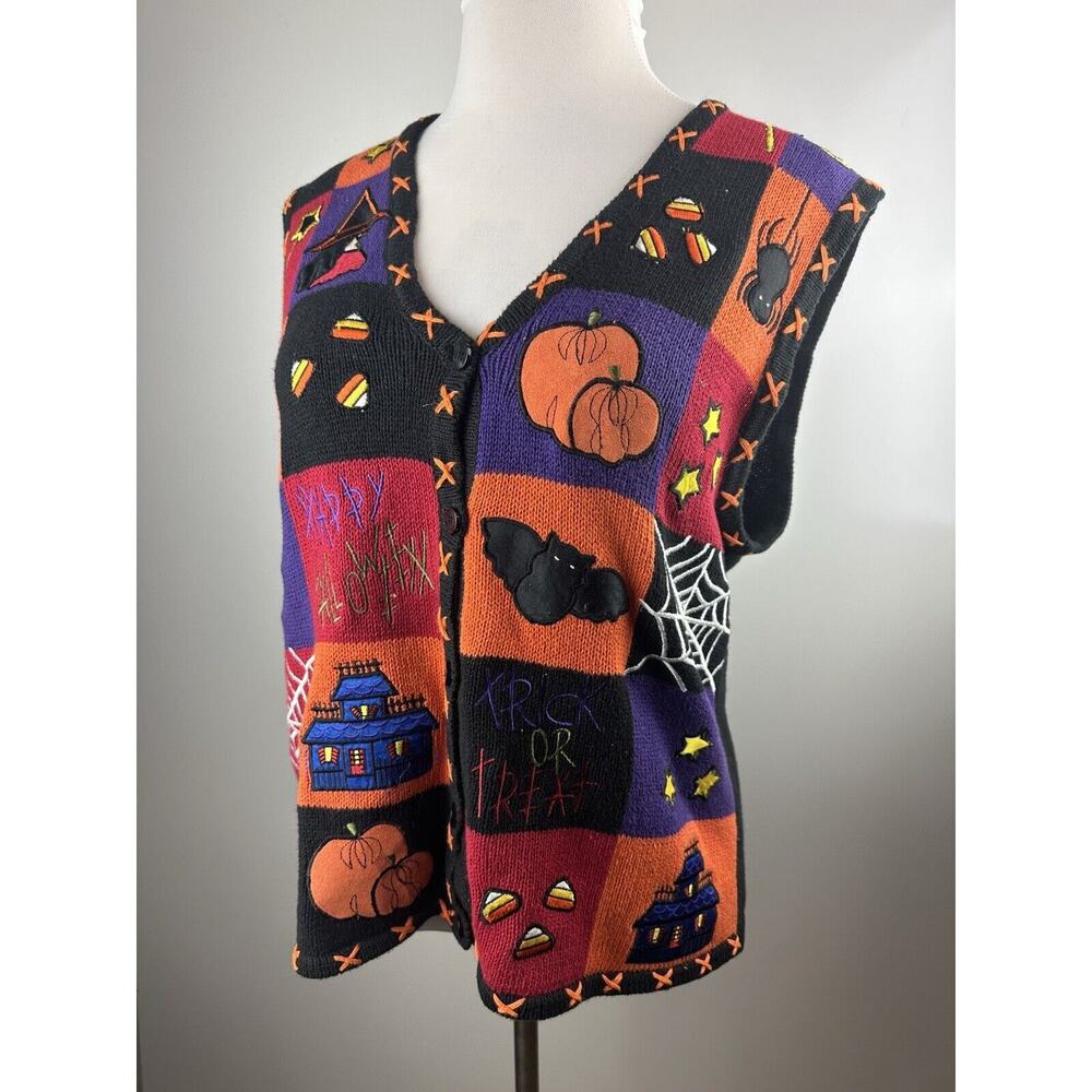 Bobbie Brooks Halloween Knit Vest Trick Or Treat Pumpkin Patch Color Block Large - Picture 11 of 12